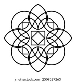 Un diseño de adorno geométrico con cuadrados y círculos entrelazados crea un patrón equilibrado.
