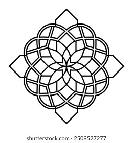 Un diseño de adorno geométrico con cuadrados y círculos entrelazados crea un patrón equilibrado.