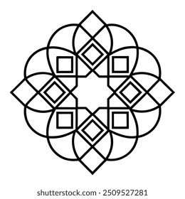 Um desenho de ornamento geométrico com quadrados e círculos entrelaçados cria um padrão balanceado.