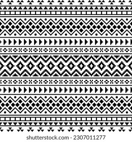 Diseño de ornamentos geométricos con un patrón étnico sin fisuras. Típica de estilo Azteca Navajo. Colores en blanco y negro. Diseño para textiles, tela, ropa, cortina, alfombra, batik, adorno, fondo, envoltura.