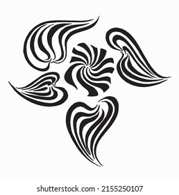 Geometric ornament flowers and leaves drawing calligraphy. Stylized petunia flower. Linear drawing. Black and white vector illustration.