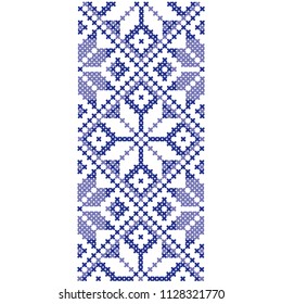Geometric Ornament of of Flowers White and Blue Color, Cross-stitch. Vector Illustration.