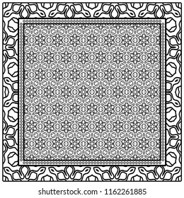 Geometric ornament with frame, border. Art-deco background. Bandanna, shawl, scarf, tablecloth design.