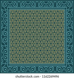 Geometric ornament with frame, border. Art-deco background. Bandanna, shawl, scarf, tablecloth design.