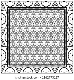 Geometric ornament with frame, border. Art-deco background. Bandanna, shawl, scarf, tablecloth design.