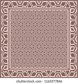 Geometric ornament with frame, border. Art-deco background. Bandanna, shawl, scarf, tablecloth design.