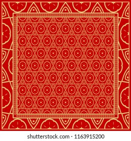 Geometric ornament with frame, border. Art-deco background. Bandanna, shawl, scarf, tablecloth design.