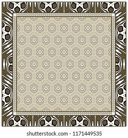 Geometric ornament with frame, border. Art-deco background. Bandanna, shawl, scarf, tablecloth design.