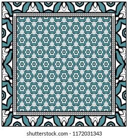 Geometric ornament with frame, border. Art-deco background. Bandanna, shawl, scarf, tablecloth design.