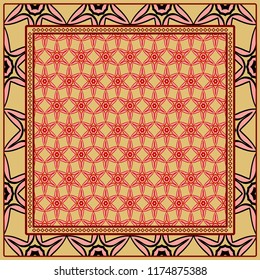 Geometric ornament with frame, border. Art-deco background. Bandanna, shawl, scarf, tablecloth design.