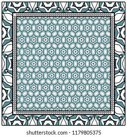 Geometric ornament with frame, border. Art-deco background. Bandanna, shawl, scarf, tablecloth design.