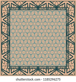 Geometric ornament with frame, border. Art-deco background. Bandanna, shawl, scarf, tablecloth design