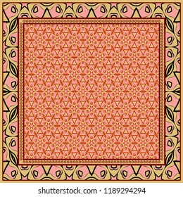 Geometric ornament with frame, border. Art-deco background. Bandanna, shawl, scarf, tablecloth design.