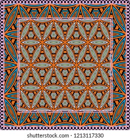 Geometric ornament with frame, border. Art-deco background. Bandanna, shawl, scarf, tablecloth design.