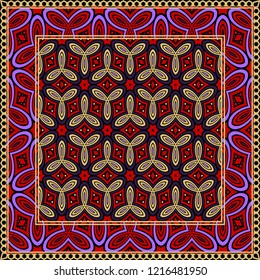 Geometric ornament with frame, border. Art-deco background. Bandanna, shawl, scarf, tablecloth design.