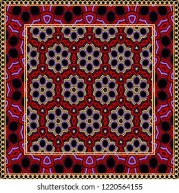 Geometric ornament with frame, border. Art-deco background. Bandanna, shawl, scarf, tablecloth design.