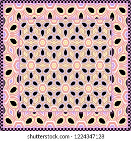 Geometric ornament with frame, border. Art-deco background. Bandanna, shawl, scarf, tablecloth design.