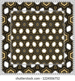 Geometric ornament with frame, border. Art-deco background. Bandanna, shawl, scarf, tablecloth design.