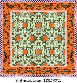 Geometric ornament with frame, border. Art-deco background. Bandanna, shawl, scarf, tablecloth design.