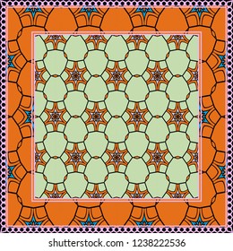Geometric ornament with frame, border. Art-deco background. Bandanna, shawl, scarf, tablecloth design.