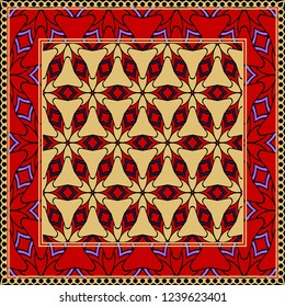 Geometric ornament with frame, border. Art-deco background. Bandanna, shawl, scarf, tablecloth design.