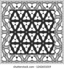 Geometric ornament with frame, border. Art-deco background. Bandanna, shawl, scarf, tablecloth design.