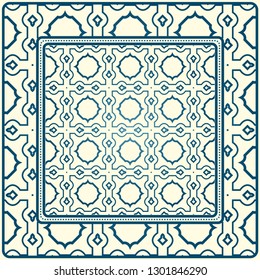 Geometric Ornament With Frame, Border. Art-Deco Background. Bandanna, Shawl, Scarf, Tablecloth Design. Blue milk color.