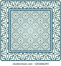 Geometric Ornament With Frame, Border. Art-Deco Background. Bandanna, Shawl, Scarf, Tablecloth Design. Blue milk color.