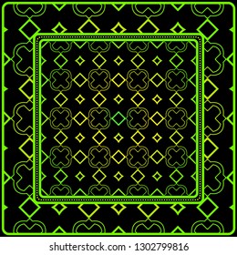 Geometric Ornament With Frame, Border. Art-Deco Background. Bandanna, Shawl, Scarf, Tablecloth Design. Black green color.