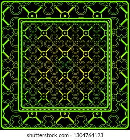 Geometric Ornament With Frame, Border. Art-Deco Background. Bandanna, Shawl, Scarf, Tablecloth Design. Black green color.