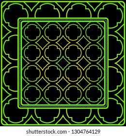Geometric Ornament With Frame, Border. Art-Deco Background. Bandanna, Shawl, Scarf, Tablecloth Design. Black green color.