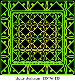 Geometric Ornament With Frame, Border. Art-Deco Background. Bandanna, Shawl, Scarf, Tablecloth Design. Black green color.
