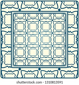 Geometric Ornament With Frame, Border. Art-Deco Background. Bandanna, Shawl, Scarf, Tablecloth Design. Blue milk color.