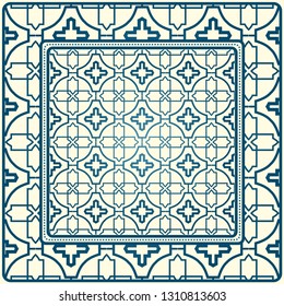 Geometric Ornament With Frame, Border. Art-Deco Background. Bandanna, Shawl, Scarf, Tablecloth Design. Blue milk color.