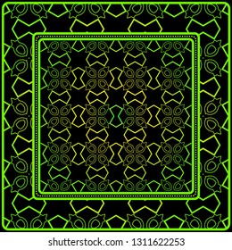 Geometric Ornament With Frame, Border. Art-Deco Background. Bandanna, Shawl, Scarf, Tablecloth Design. Black green color.