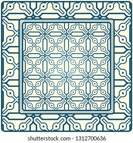 Geometric Ornament With Frame, Border. Art-Deco Background. Bandanna, Shawl, Scarf, Tablecloth Design. Blue milk color.