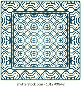 Geometric Ornament With Frame, Border. Art-Deco Background. Bandanna, Shawl, Scarf, Tablecloth Design. Blue milk color.