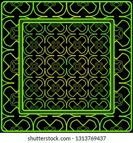 Geometric Ornament With Frame, Border. Art-Deco Background. Bandanna, Shawl, Scarf, Tablecloth Design. Black green color.