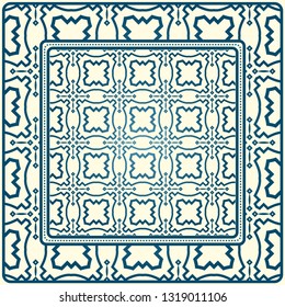 Geometric Ornament With Frame, Border. Art-Deco Background. Bandanna, Shawl, Scarf, Tablecloth Design. Blue milk color.