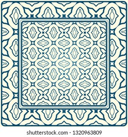 Geometric Ornament With Frame, Border. Art-Deco Background. Bandanna, Shawl, Scarf, Tablecloth Design. Blue milk color.