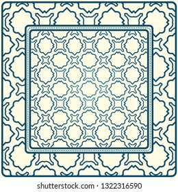 Geometric Ornament With Frame, Border. Art-Deco Background. Bandanna, Shawl, Scarf, Tablecloth Design. Blue milk color.