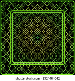 Geometric Ornament With Frame, Border. Art-Deco Background. Bandanna, Shawl, Scarf, Tablecloth Design. Black green color.