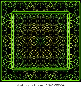 Geometric Ornament With Frame, Border. Art-Deco Background. Bandanna, Shawl, Scarf, Tablecloth Design. Black green color.