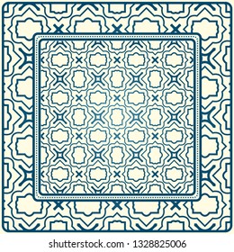 Geometric Ornament With Frame, Border. Art-Deco Background. Bandanna, Shawl, Scarf, Tablecloth Design. Blue milk color.