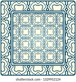 Geometric Ornament With Frame, Border. Art-Deco Background. Bandanna, Shawl, Scarf, Tablecloth Design. Blue milk color.