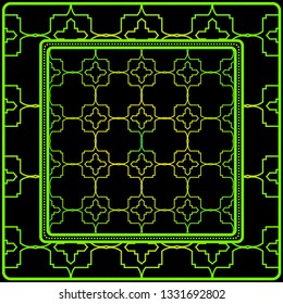 Geometric Ornament With Frame, Border. Art-Deco Background. Bandanna, Shawl, Scarf, Tablecloth Design. Black green color.