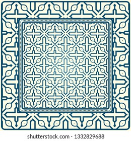 Geometric Ornament With Frame, Border. Art-Deco Background. Bandana, Shawl, Scarf, Tablecloth Design. Blue milk color.