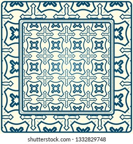 Geometric Ornament With Frame, Border. Art-Deco Background. Bandanna, Shawl, Scarf, Tablecloth Design. Blue milk color.