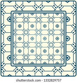 Geometric Ornament With Frame, Border. Art-Deco Background. Bandanna, Shawl, Scarf, Tablecloth Design. Blue milk color.