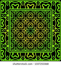 Geometric Ornament With Frame, Border. Art-Deco Background. Bandanna, Shawl, Scarf, Tablecloth Design. Black green color.